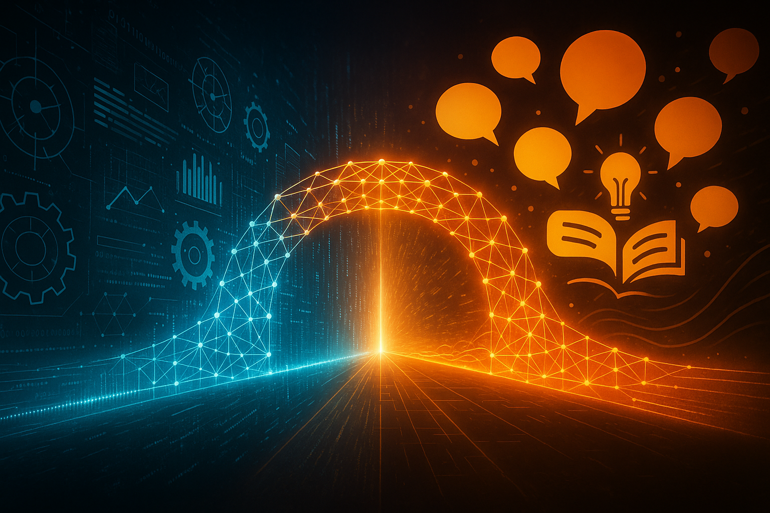 Blue and orange burst from tech to conversation bubbles